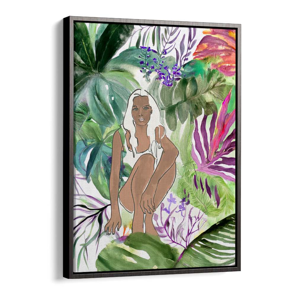 Expressive SUDDEN SHIFT, PORTRAITS artwork featuring a woman surrounded by vibrant foliage, perfect for artistic spaces.