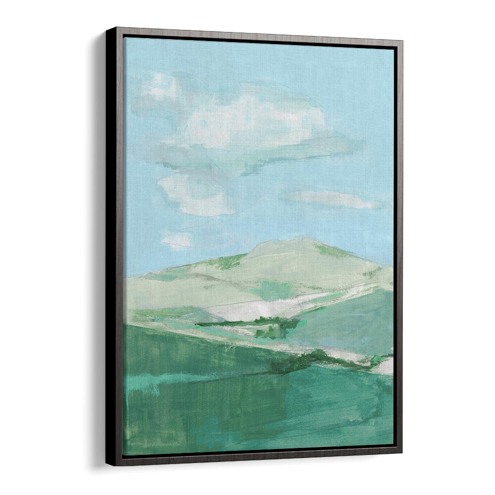 Soft green hills under a blue sky in PASTEL MEADOWS, LANDSCAPE PAINTINGS, enhancing your living space beautifully.