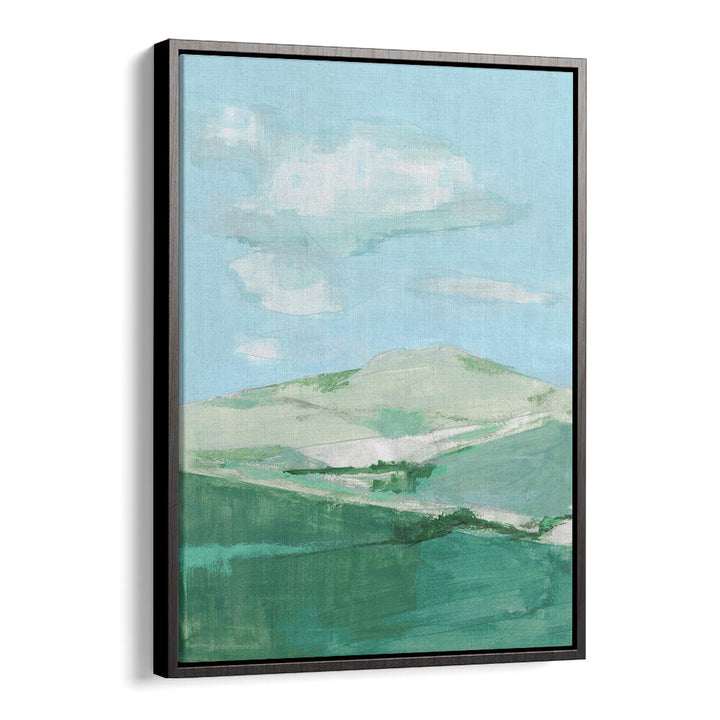 Soft green hills under a blue sky in PASTEL MEADOWS, LANDSCAPE PAINTINGS, enhancing your living space beautifully.