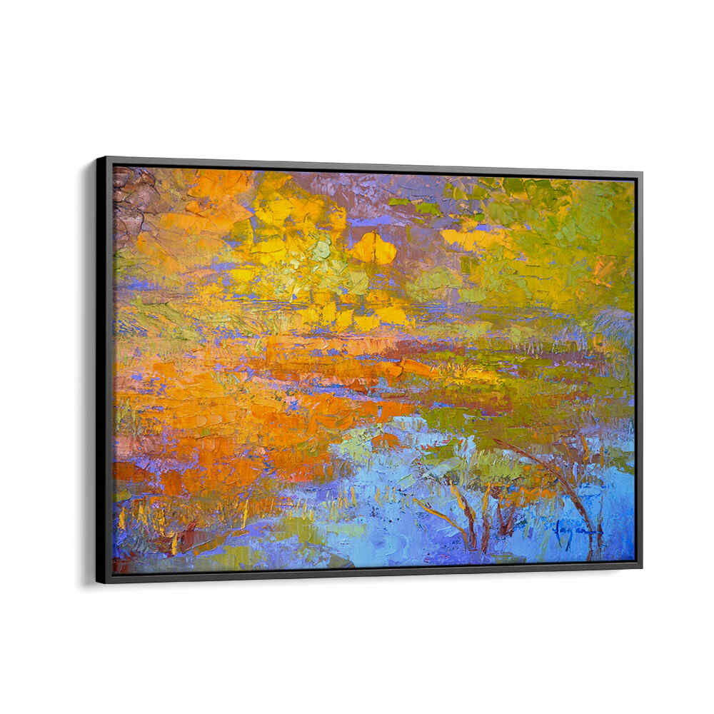 Black Floater AUTUMN'S PALETTE , LANDSCAPE PAINTINGS framed textured autumn landscape in golden, orange and blue hues