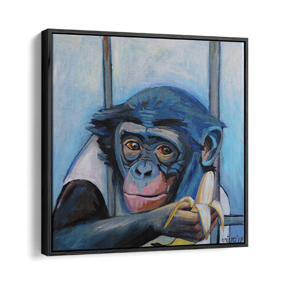 Colorful BANANA CONTEMPLATION II, COMIC POSTERS artwork featuring a monkey with a banana, perfect for art lovers.