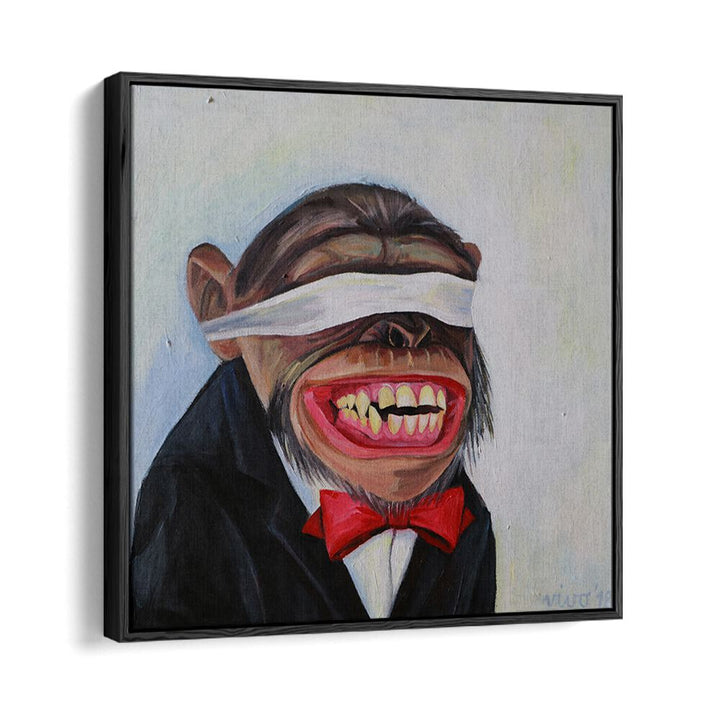 Vibrant BLINDFOLDED GRIN, COMIC POSTERS feature a quirky monkey in a suit, perfect for stylish, playful decor.