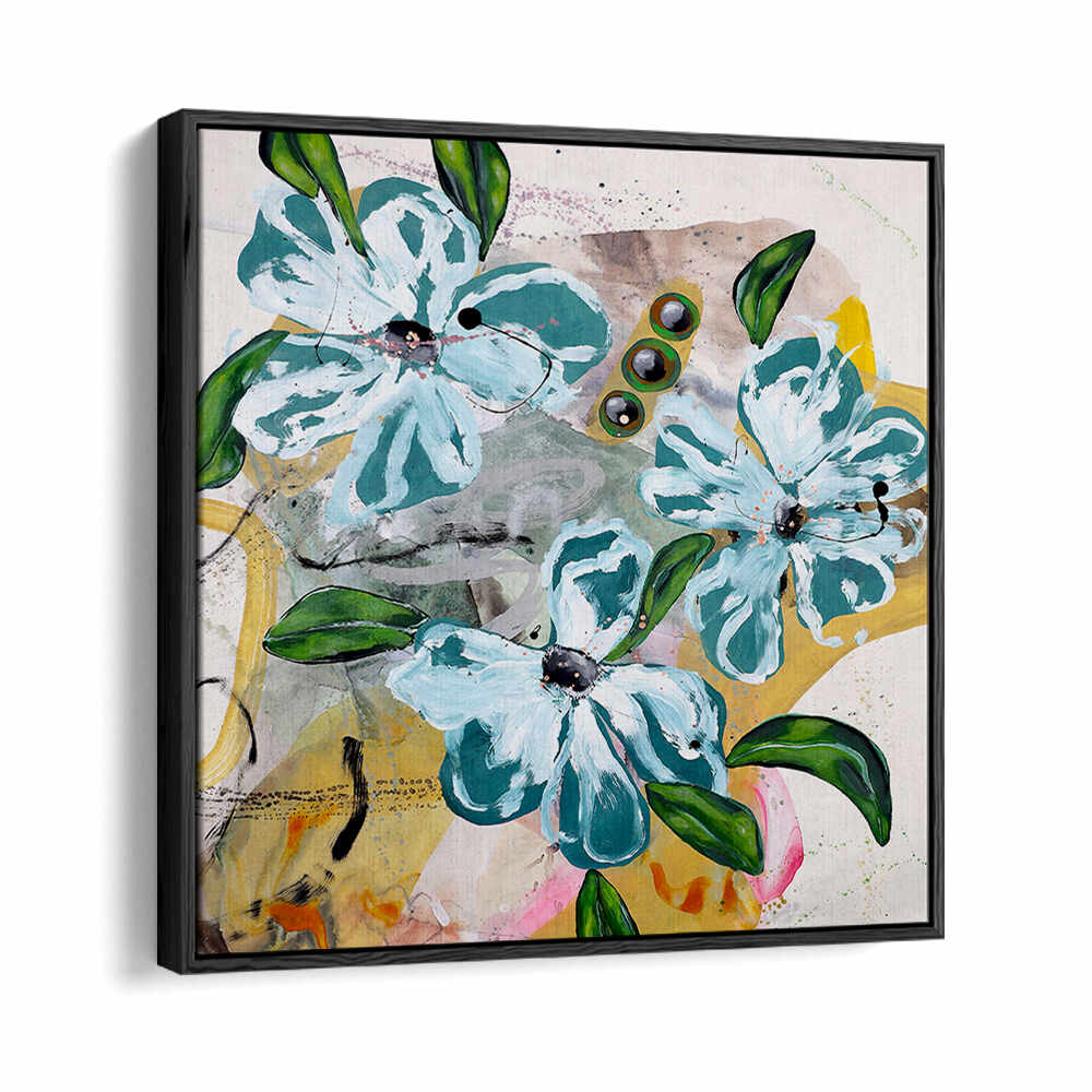BOLD BLUE AND GREEN FLOWERS , FLORAL FLOWER PAINTINGS