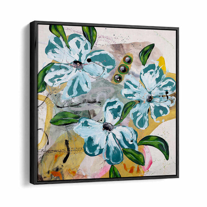 BOLD BLUE AND GREEN FLOWERS , FLORAL FLOWER PAINTINGS