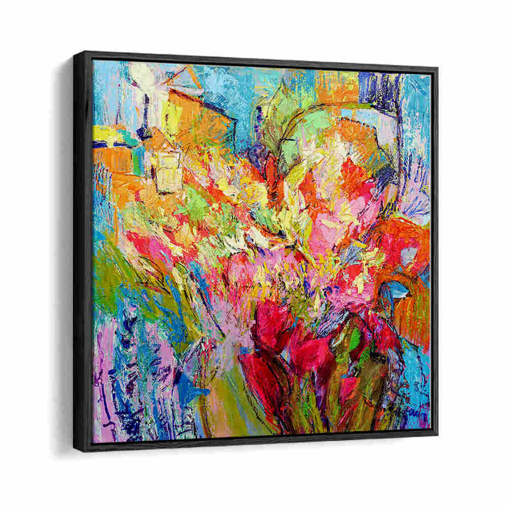 Vibrant floral abstract canvas in black floater frame, BRILLIANT BLOOM SCAPE , ABSTRACT PAINTINGS by Black Floater
