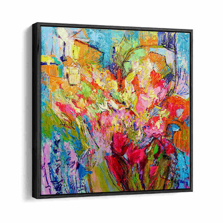 Vibrant floral abstract canvas in black floater frame, BRILLIANT BLOOM SCAPE , ABSTRACT PAINTINGS by Black Floater