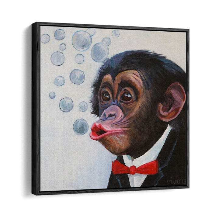 Bubbly Chimp Fancy Comic Posters showcase a whimsical chimp dressed elegantly, blowing bubbles in vibrant colors.
