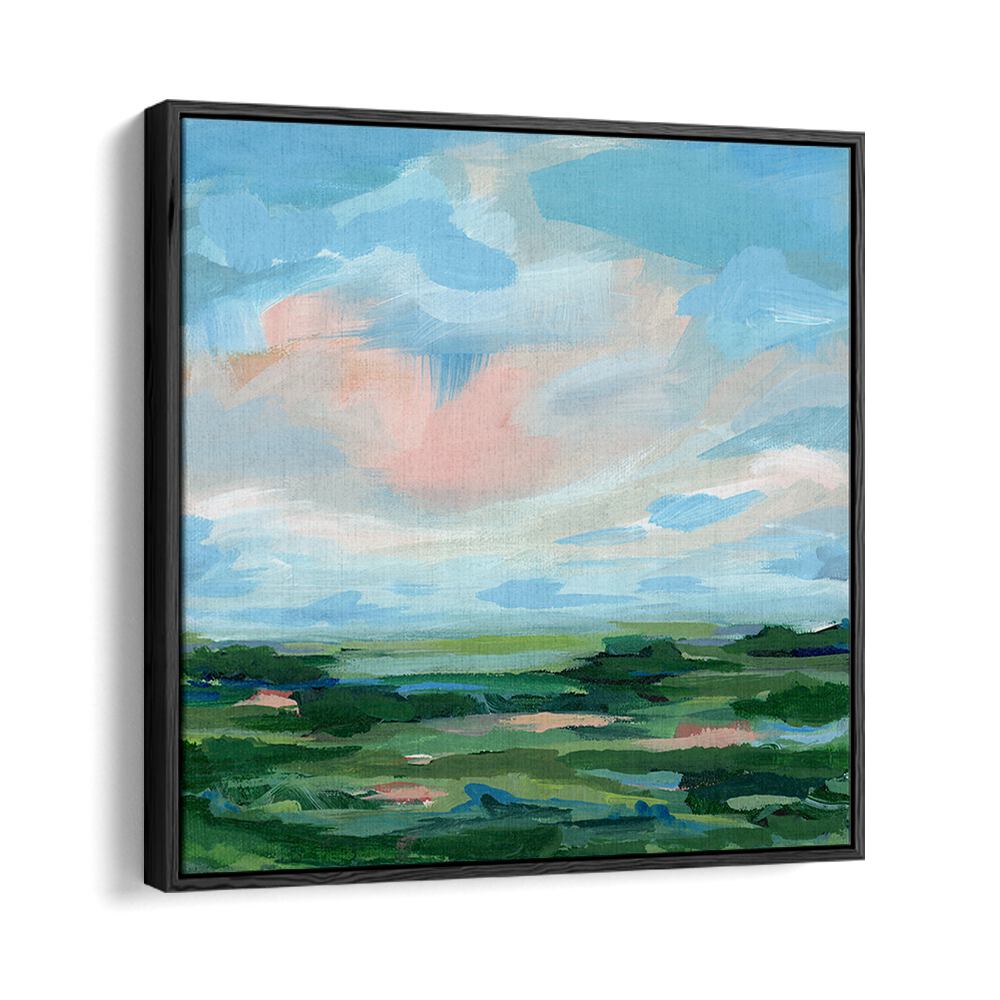 Colorful landscape featuring soft clouds and green fields, showcasing the essence of COME AWAY, ABSTRACT PAINTINGS.