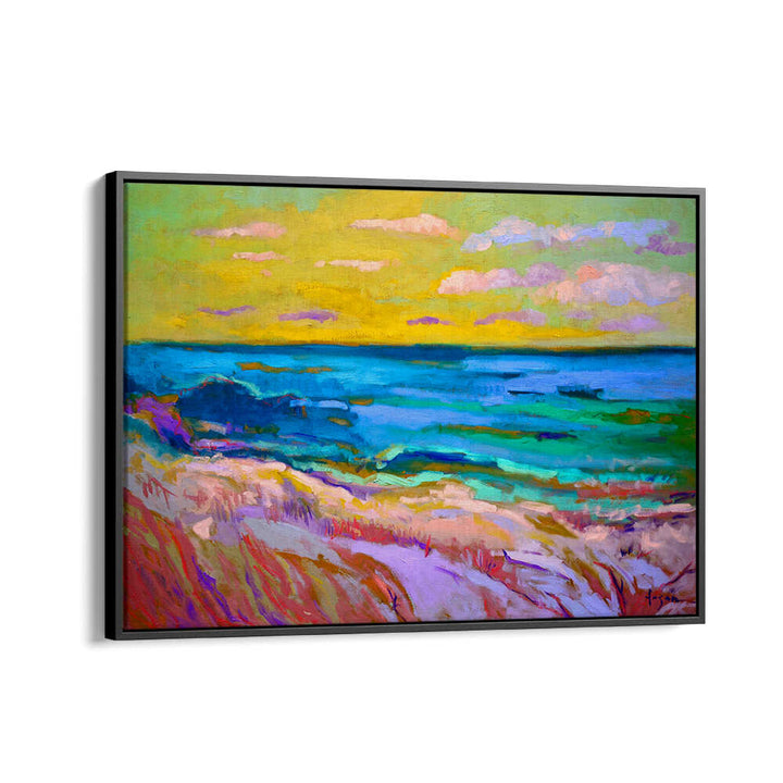 COASTAL  SUNSET , LANDSCAPE PAINTINGS by Black Floater — framed vibrant shoreline at dusk with golden sky and turquoise waves