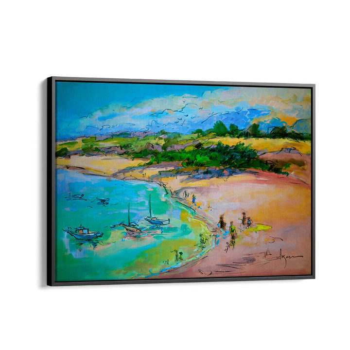 COASTAL SERENITY , LANDSCAPE PAINTINGS by Black Floater, pastel seaside with boats, sandy shore and turquoise water