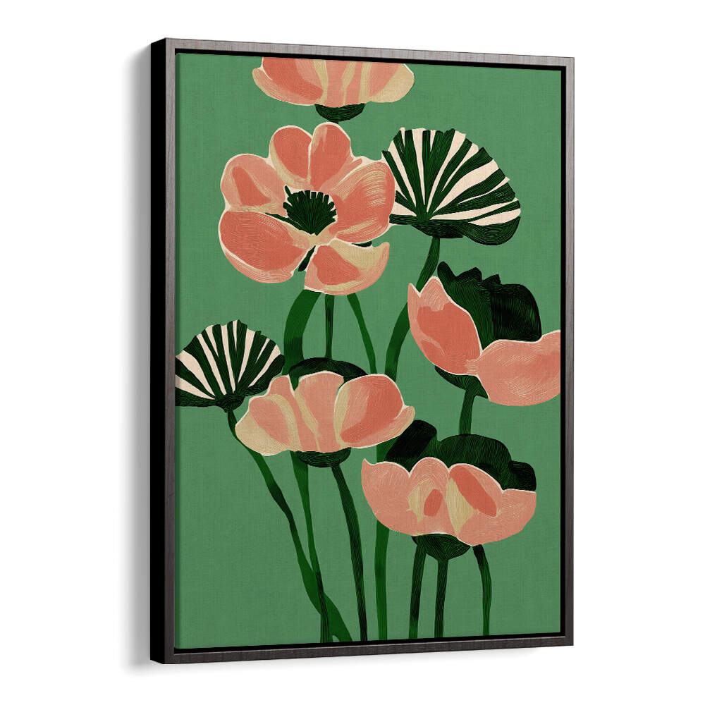 CORAL POPPIES ON GREEN , FLORAL FLOWER PAINTINGS