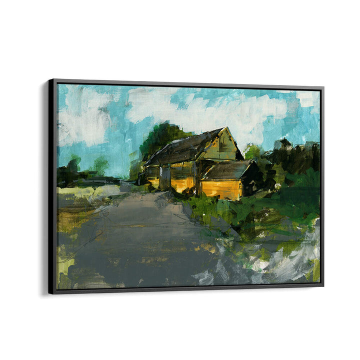 COUNTRY BARN I, LANDSCAPE PAINTINGS showcase vibrant barns against a serene countryside backdrop, perfect for tranquil decor.