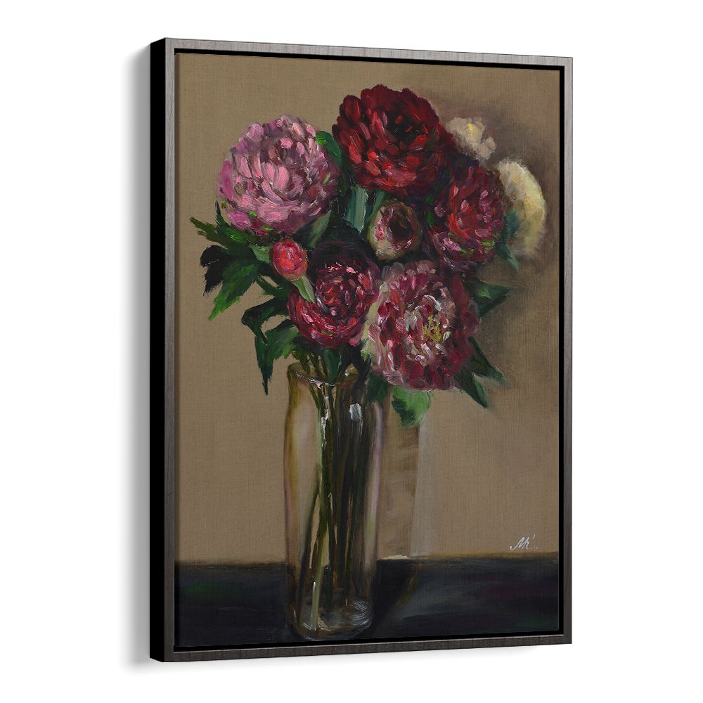 DARK RED PEONIES IN GLASS VASE