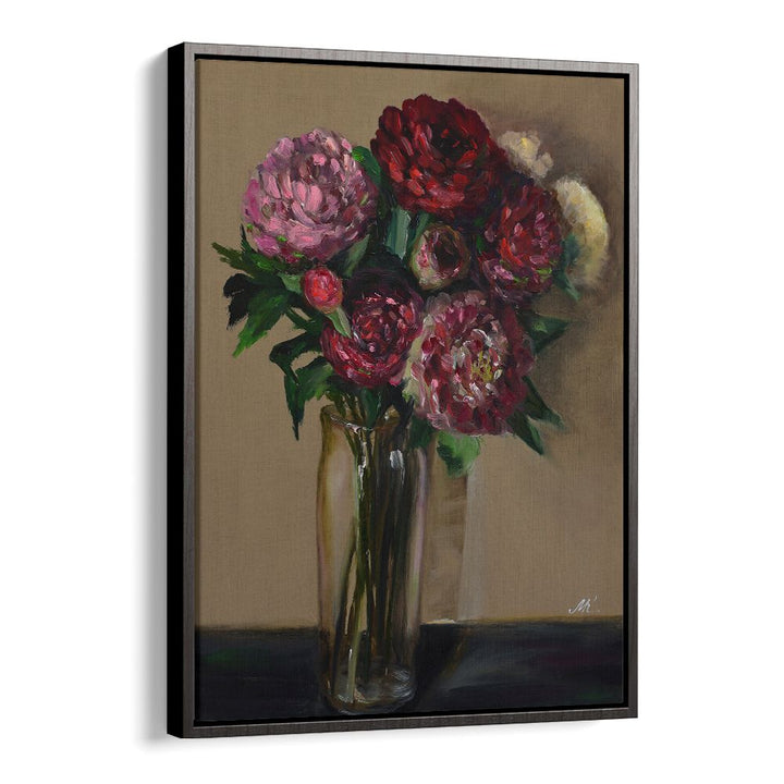 DARK RED PEONIES IN GLASS VASE