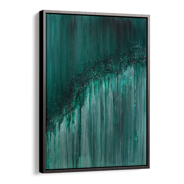 Vibrant abstract artwork titled "SERENITY MEETS CHAOS, ABSTRACT PAINTINGS" featuring rich teal and dynamic textures.