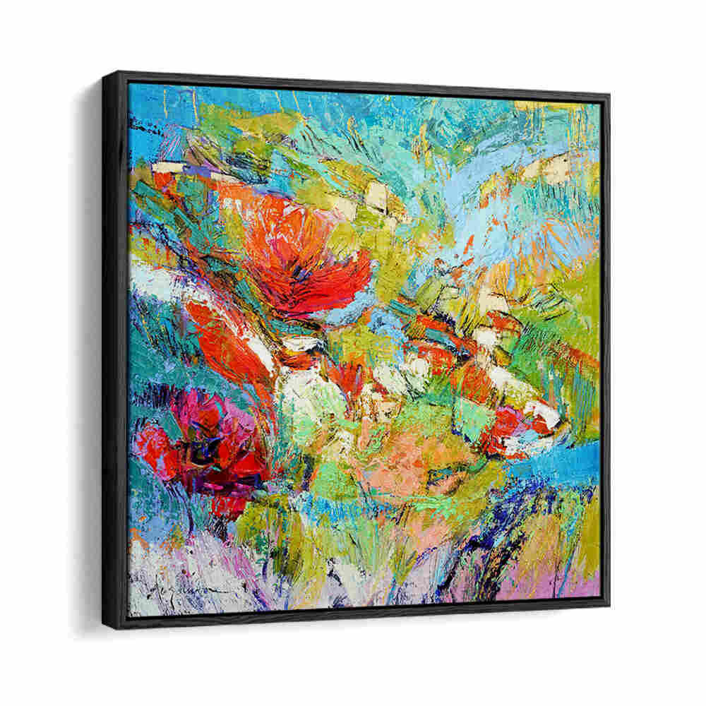 Black Floater FLORAL HARMONY BURST , ABSTRACT PAINTINGS features vibrant textured blooms in turquoise, red and green
