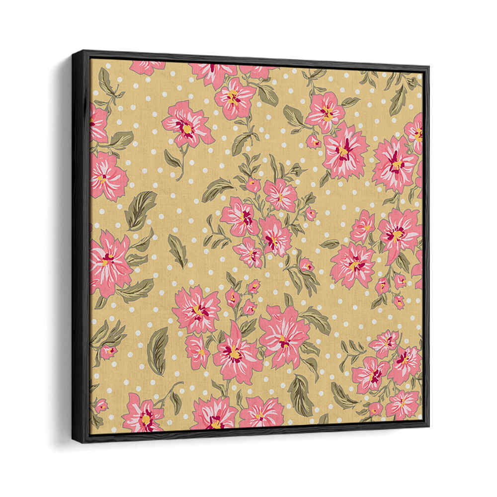 Vibrant FLORAL HERITAGE BOUQUET I, PATTERN ART PRINTS featuring pink flowers on a soft yellow polka dot background.