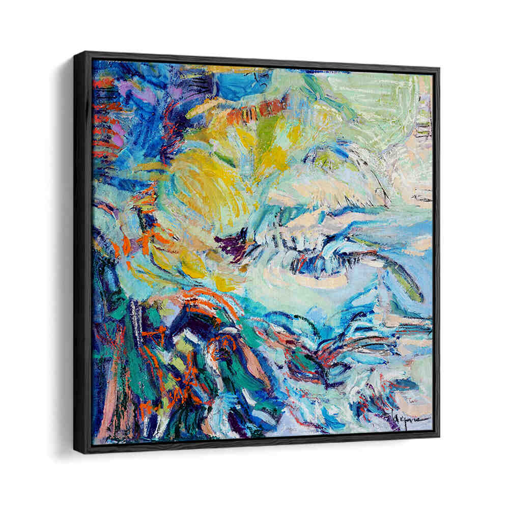 BlackFloater FLOWING HUES , ABSTRACT PAINTINGS vibrant framed canvas with flowing blue, yellow and teal brushstrokes
