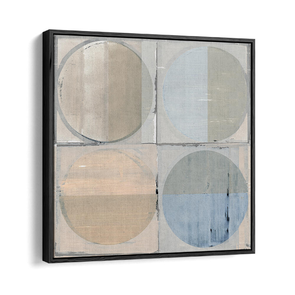 Stylishly framed FOUR CIRCLES AND SQUARES I, GEOMETRIC ART PRINTS, perfect for modern minimalist decor.