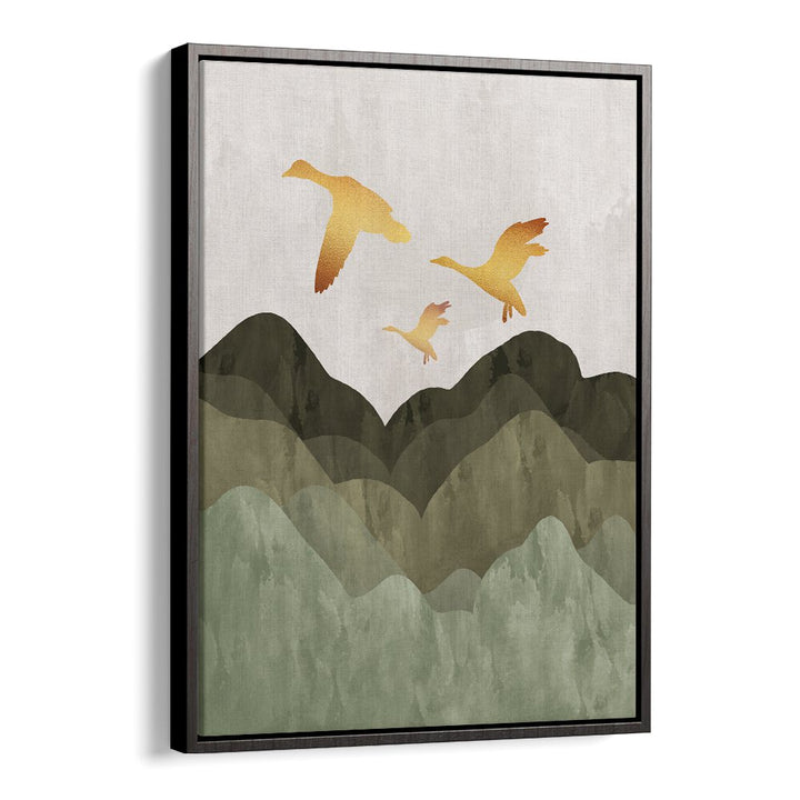 Golden birds flying over mountains in serene landscape paintings, perfect for enhancing any living space.