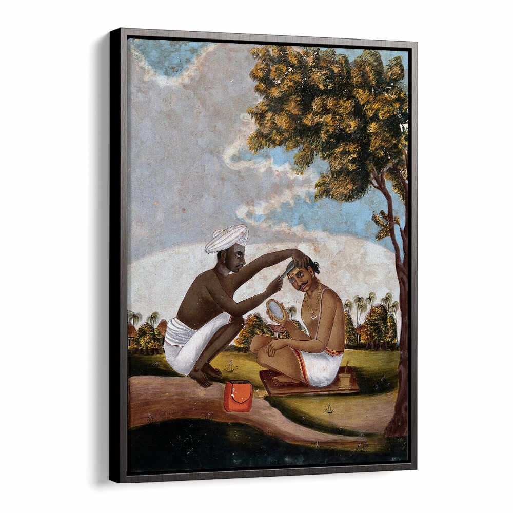 HINDU BARBER SHAVING A MAN'S HEAD