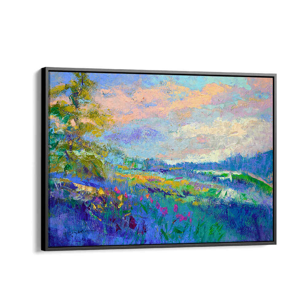 IMPRESSIONIST , LANDSCAPE PAINTINGS — Black Floater framed impressionist meadow with pastel sky, vibrant colors and textured brushstrokes