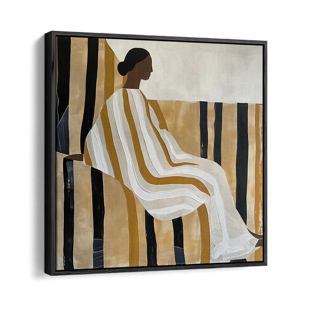 Elegant artwork titled "LADY IN STRIPES, PORTRAITS" featuring a serene figure against bold stripes.