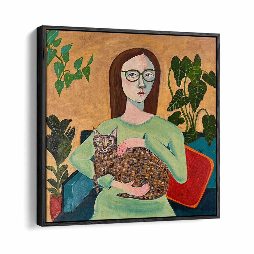 LADY WITH HER CAT IN LOUNGEROOM , PORTRAITS & FIGURATIVE ILLUSTRATIONS