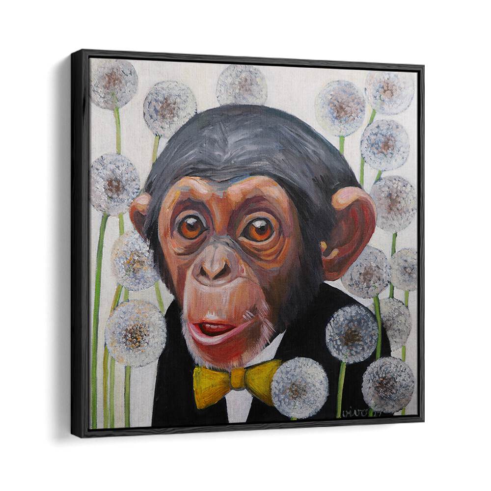 Vibrant MONKEY YELLOW BOW TIE, COMIC POSTERS art featuring a playful monkey against dandelion backgrounds. Perfect for decor!