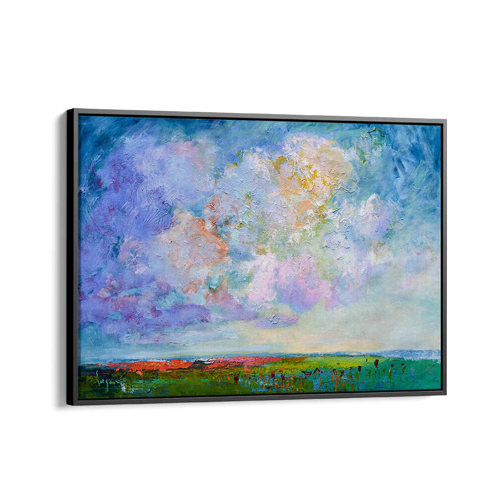 NATURE’S BEAUTY , LANDSCAPE PAINTINGS by Black Floater—textured pastel sky over green meadow and distant coastal horizon