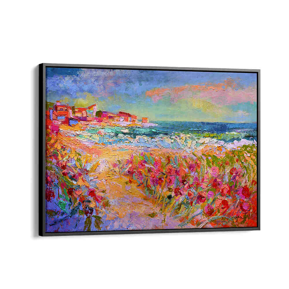 NATURE’S VIVID BEAUTY , LANDSCAPE PAINTINGS coastal scene with wildflowers, waves and cottages on canvas