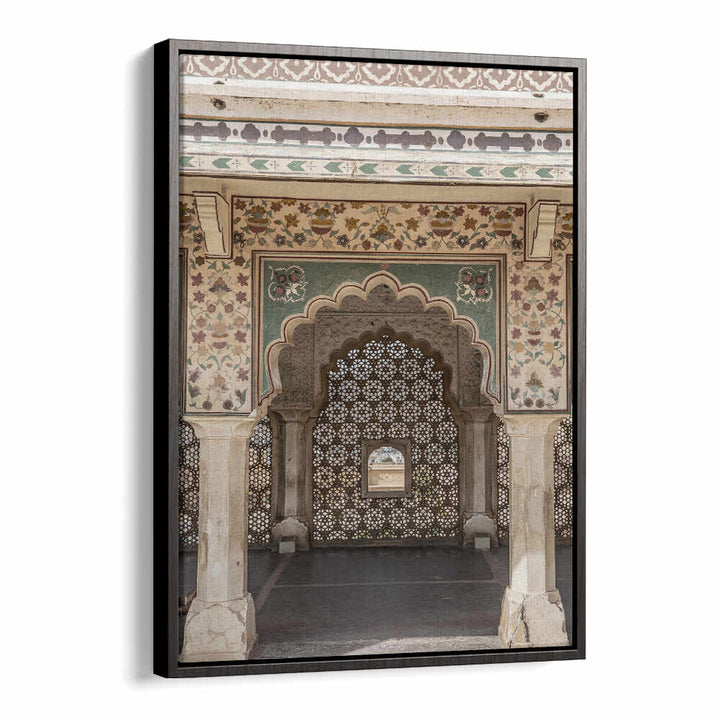 Black Floater ORNATE ARCHWAY , INDIAN ART PAINTINGS featuring carved jaali screen and painted floral archway