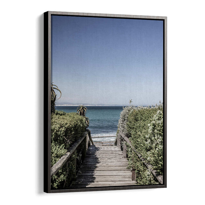 SEASIDE TRANQUILITY , BEACH PAINTINGS by Black Floater: framed boardwalk through dunes to calm blue ocean