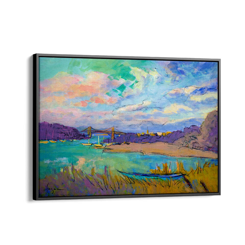SERENE RIVER SKIES , LANDSCAPE PAINTINGS showing colorful river vista with bridge, boat and grasses, Black Floater frame