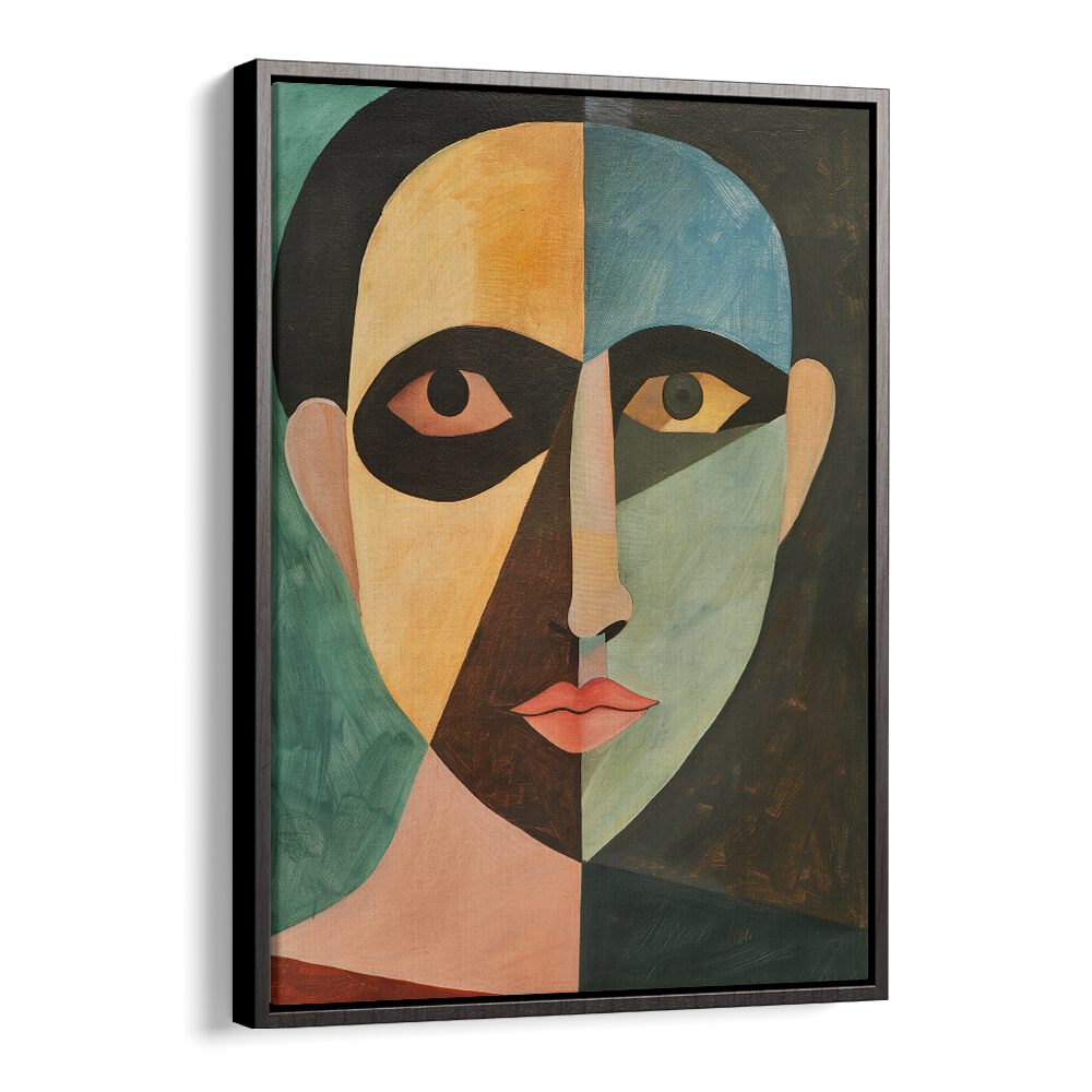 Stylish artwork featuring "THE MAN IN GREEN, PORTRAITS" showcasing vibrant colors and unique figurative illustrations.