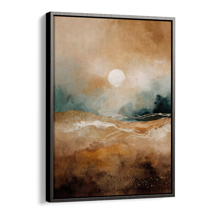 Tranquil Sunrise Over Misty Hills, Abstract Paintings showcases serene dawn beauty over misty hills in warm tones.