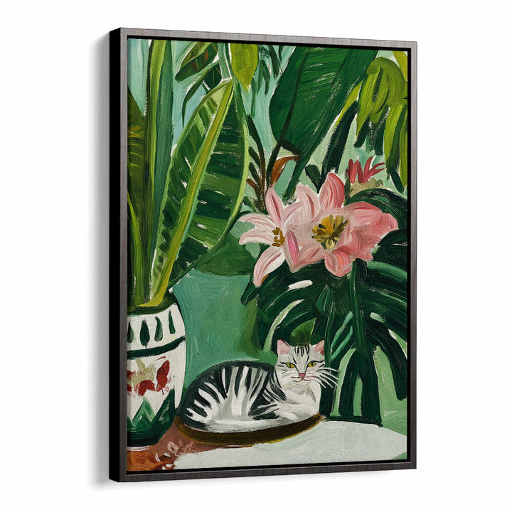TROPICAL MUSE WITH CAT , FLORAL FLOWER PAINTINGS