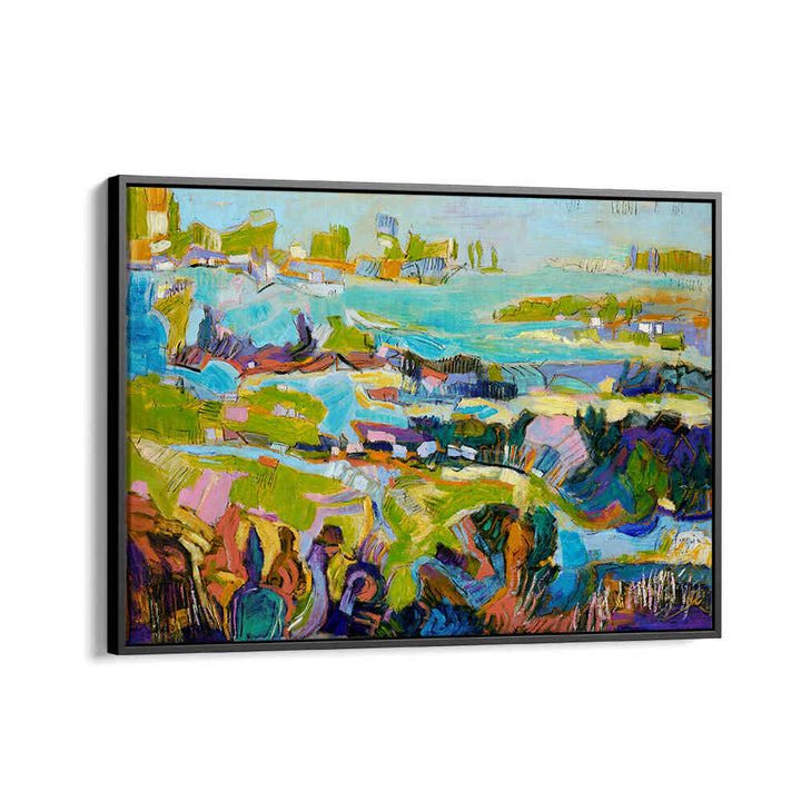 Black Floater VIBRANT LANDSCAPE , LANDSCAPE PAINTINGS: colorful abstract framed coastal landscape with bold brushstrokes