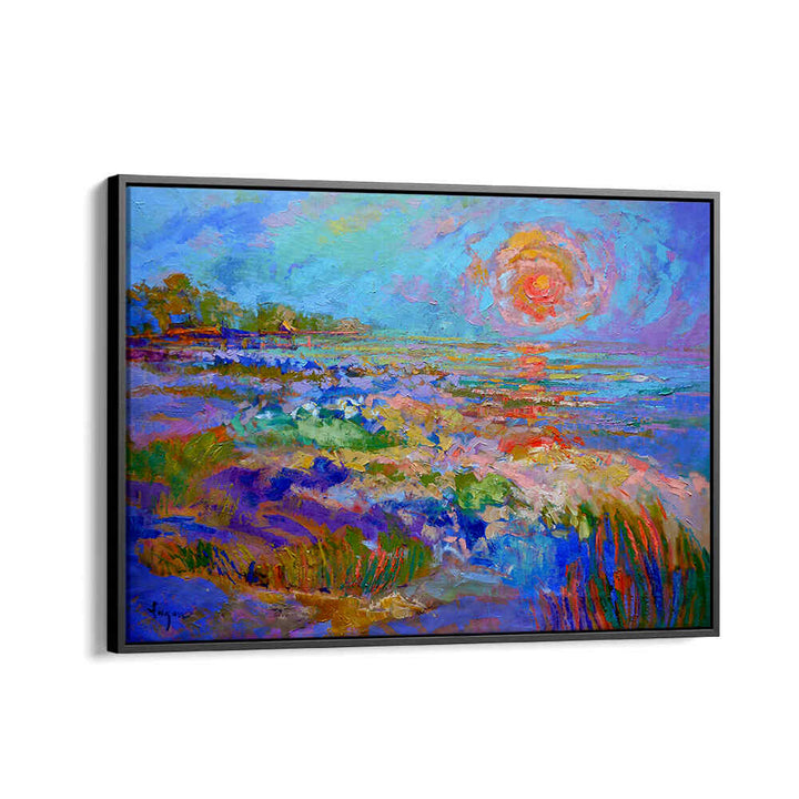 VIVID HORIZON GLOW , LANDSCAPE PAINTINGS — Blackfloater vibrant sunrise over textured coastal meadow and glowing horizon