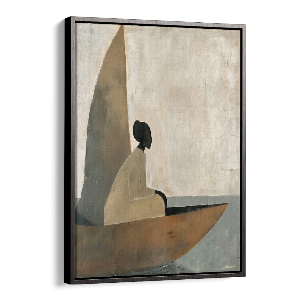Elegant WOMAN ON BOAT, PORTRAITS artwork featuring a serene silhouette against a calm sea backdrop. Perfect for decor.