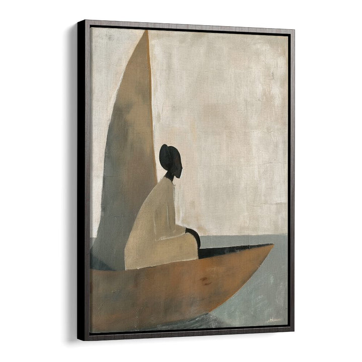 Elegant WOMAN ON BOAT, PORTRAITS artwork featuring a serene silhouette against a calm sea backdrop. Perfect for decor.