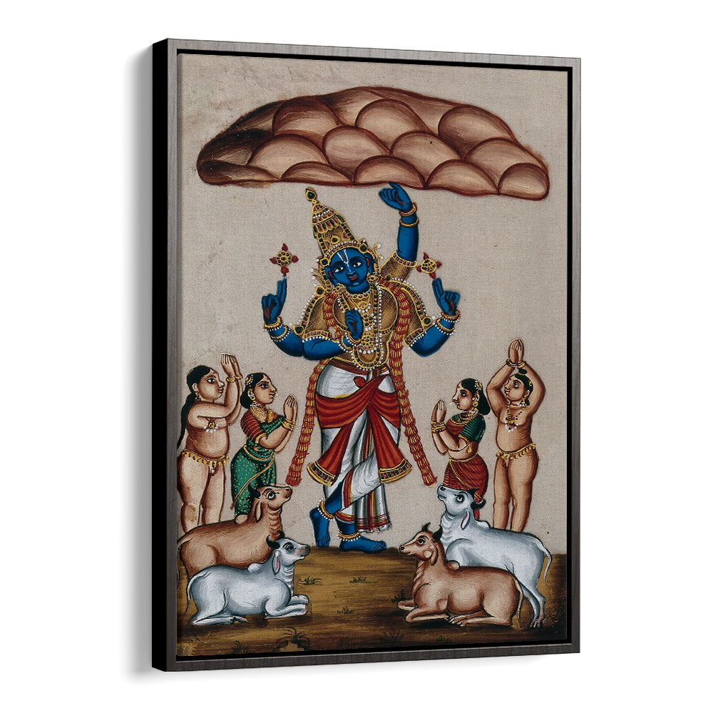 KRISHNA LIFTING MOUNT GOVARDHAN , INDIAN ART PAINTINGS