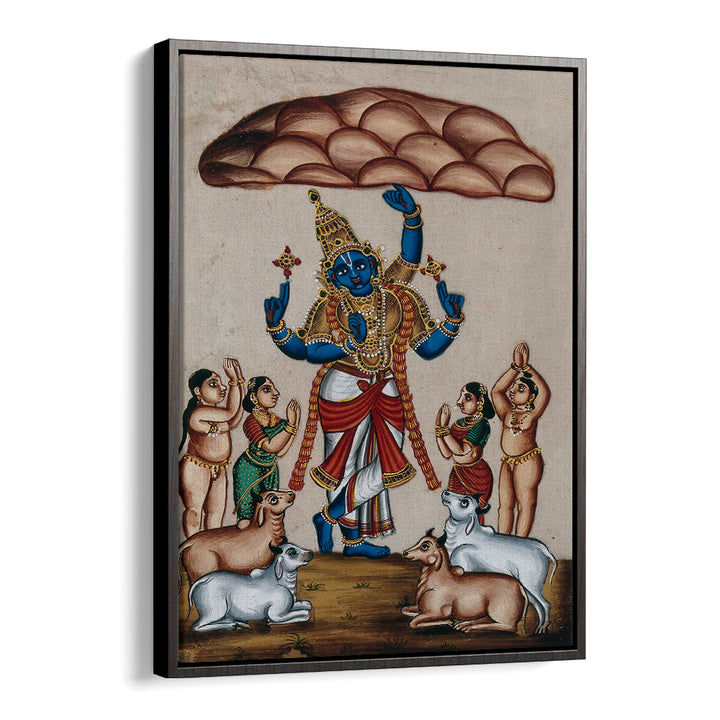 KRISHNA LIFTING MOUNT GOVARDHAN , INDIAN ART PAINTINGS