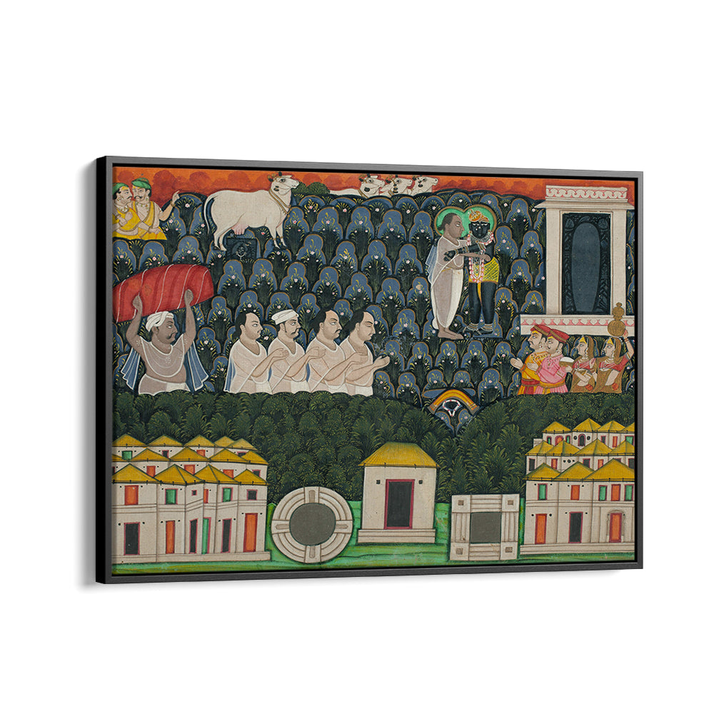 PRATHAM MILAN SHRINATHJI REVEALING HIMSELF TO VALABHACHARYA ON MOUNT GOVARDHAN  SACRED ENCOUNTER ON MOUNT GOVARDHAN , INDIAN ART PAINTINGS