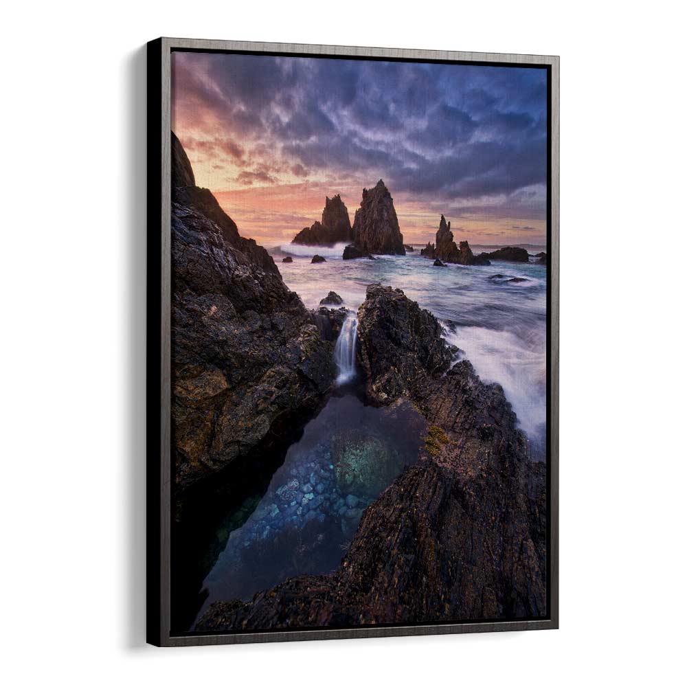 Breathtaking scenery of rock formations and ocean waves, featuring MEETING OF WATERS, PHOTOGRAPHY PRINTS for your space.