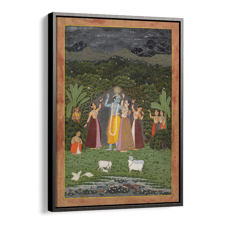 KRISHNA AND THE GOPIS TAKE SHELTER FROM THE RAIN , INDIAN ART PAINTINGS