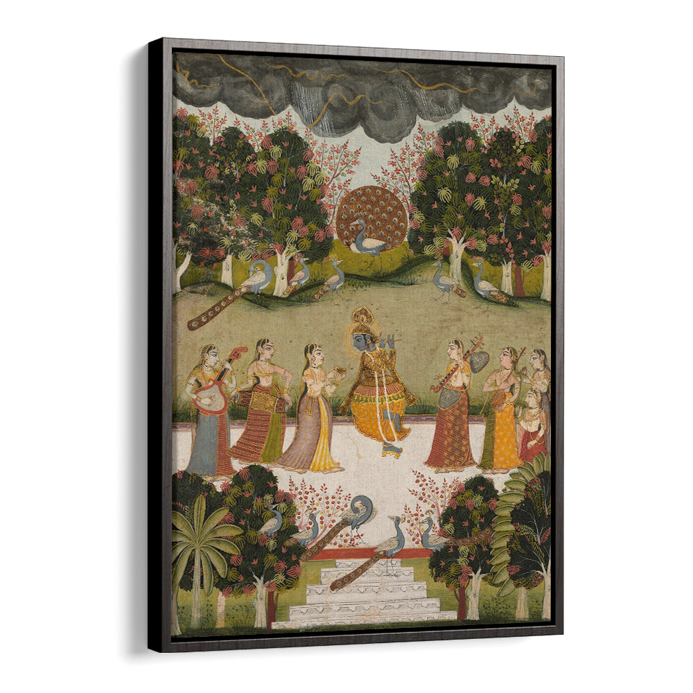 KRISHNA PLAYING THE FLUTE TO SEVEN GOPIS HOLDING MUSICAL INSTRUMENTS , INDIAN ART PAINTINGS