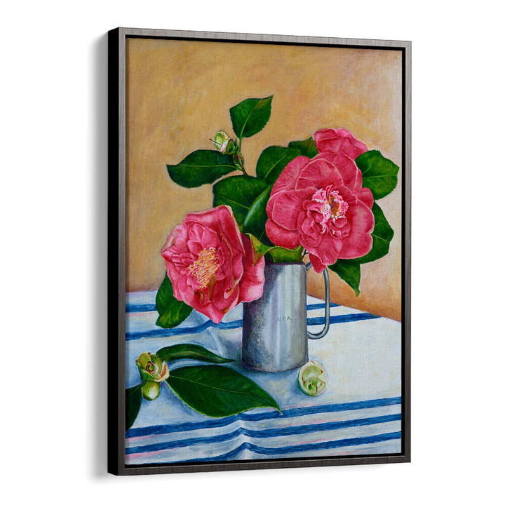 Vibrant Camelia Floral Flower Paintings featuring stunning pink blooms in a metal vase, perfect for elevating your space.