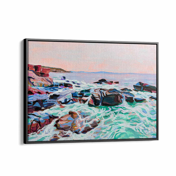 THUNDER HOLE , BEACH PAINTINGS by Blackfloater: framed colorful seascape of rocky coast, crashing teal waves and pastel sky
