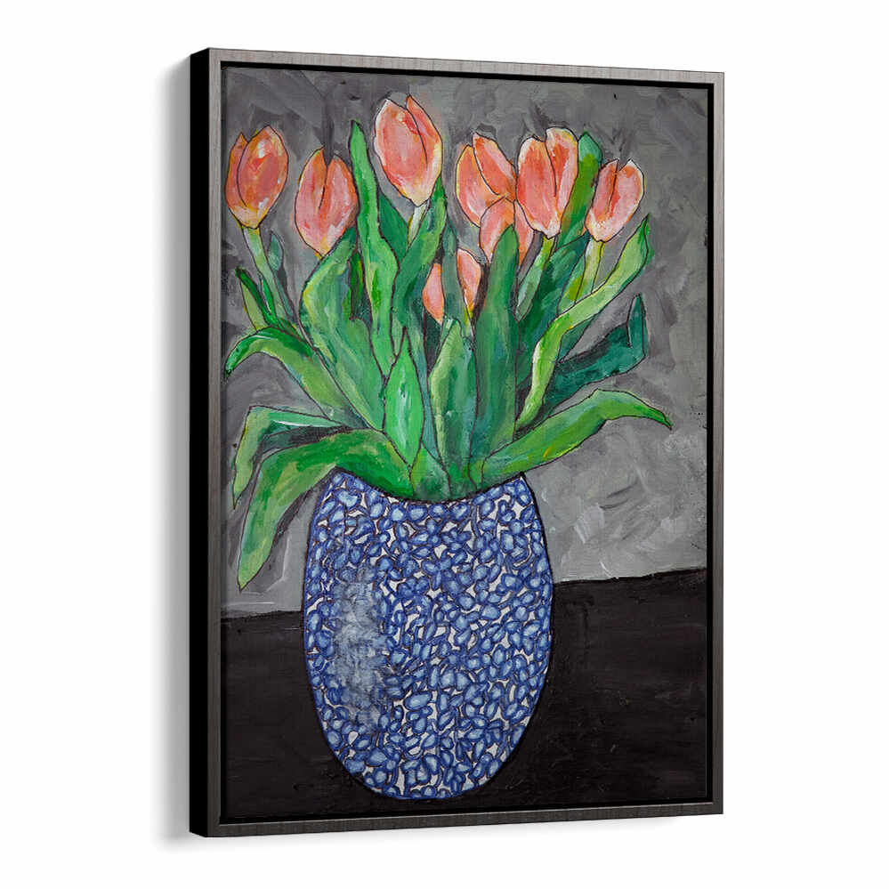 Vibrant tulips in blue vase create beauty in TULIPS IN BLUE VASE I, FLORAL FLOWER PAINTINGS for your serene space.